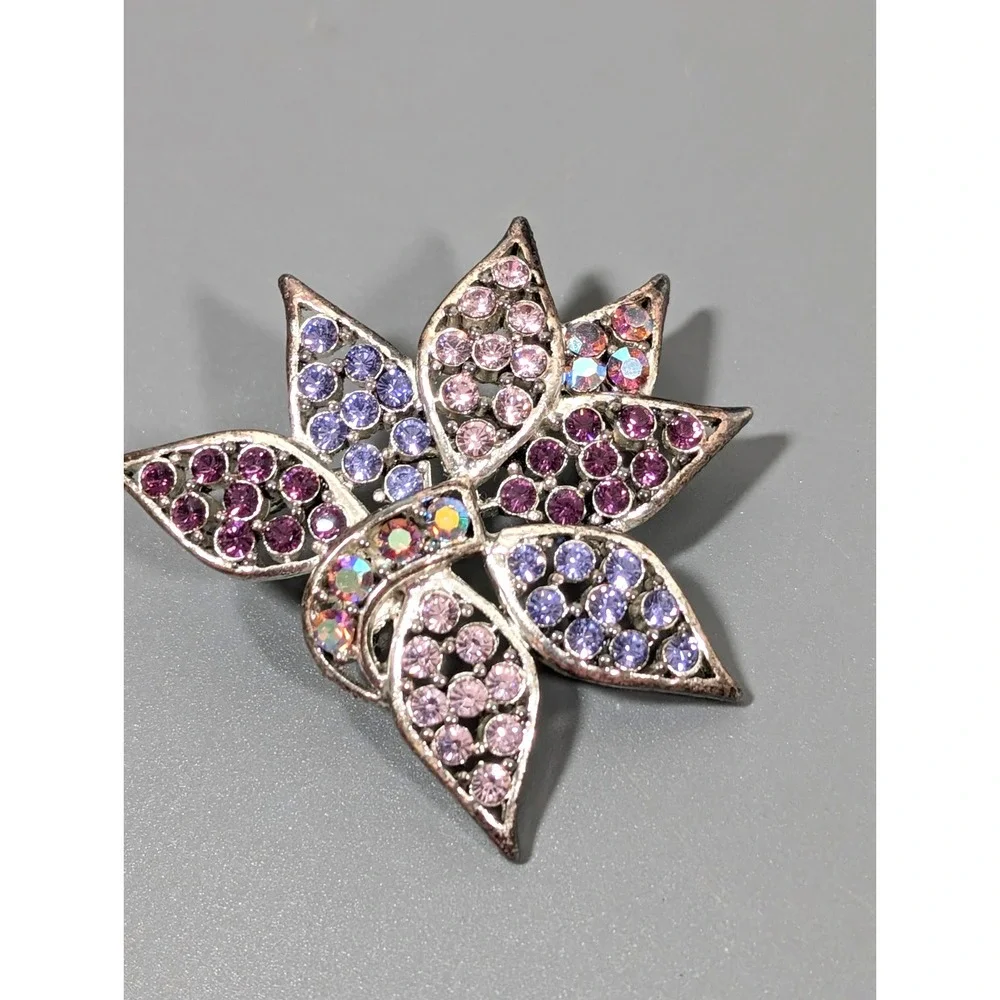 Pink Purple‎ AB Crystal Pave Flower Brooch PIn Pendant Silver Tone